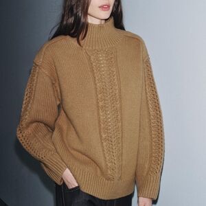 NWT Zara Wool Cable Knit Textured Cowl Neck Sweater In Tan - M